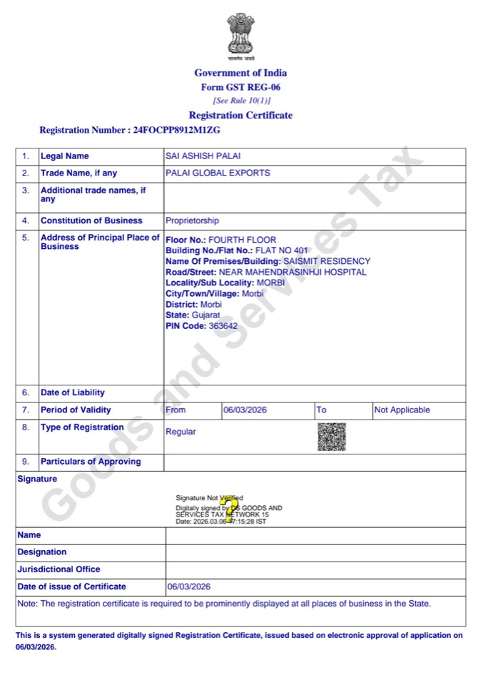 GST registration certificate — 24FOCPP8912M1ZG